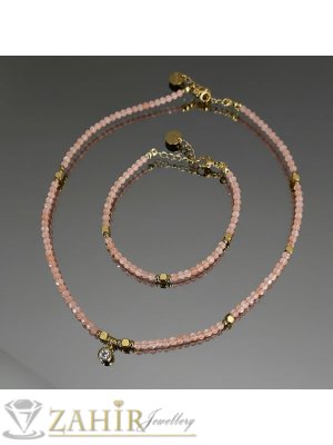  Изящен хендмейд комплект от естествени камъни морганит праскова 3 мм фасета, висулка кристал и накрайници стомана, колие в 2 дължини и гривна 17+5 см удължител - KM1053